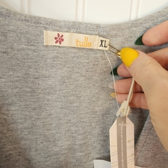 Tulle sleeveless dress low v-neck upper gray cotton, bottom blue chambray NWT - Picture 3 of 10